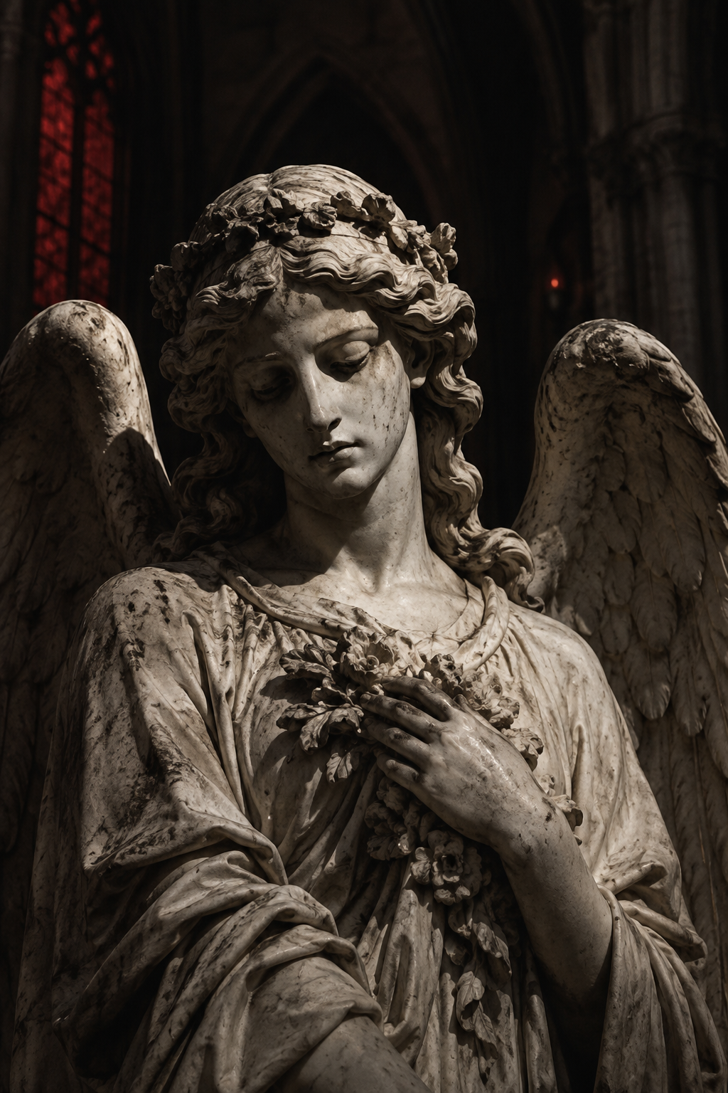 Weathered Gothic angel sculpture