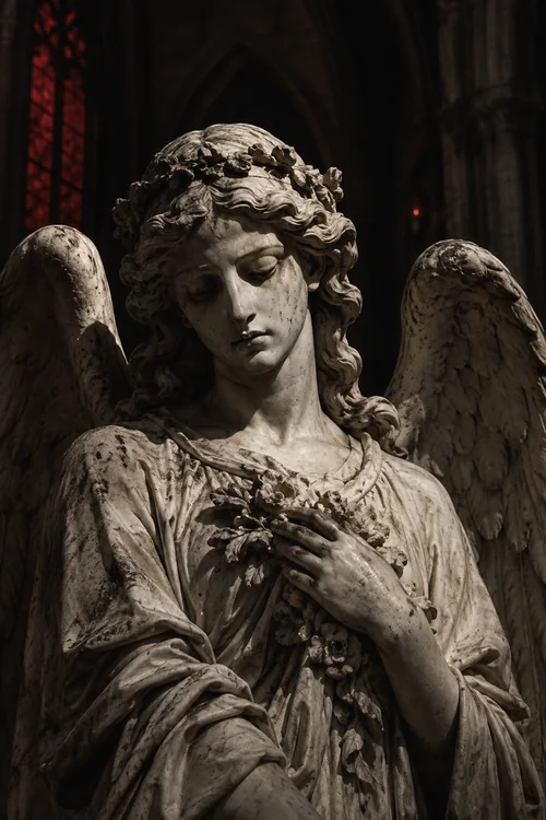 Weathered Gothic angel sculpture